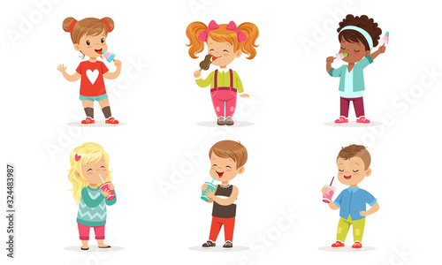 Collection of Cute Happy Boys and Girls Enjoying Eating Ice Cream and Drinking Sweet Cocktails Vector Illustration on White Background