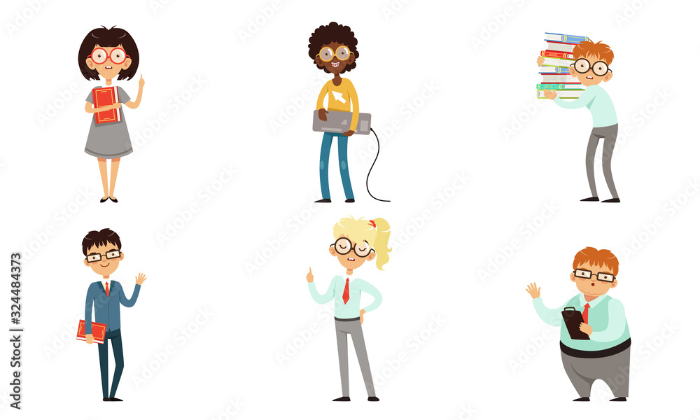 Funny Nerds and Geeks Cartoon Characters Collection, Smart Students in Glasses with Books Vector Illustration on White Background Funny Nerds and Geeks Cartoon Characters Collection, Smart Students in Glasses with Books Vector Illustration on White Background