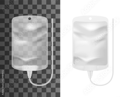 Intravenous iv therapy bag 3d mockups. Vector infusion drip with empty clear container realistic template for medical fluid injection, blood transfusion and chemotherapy treatment packaging design photo