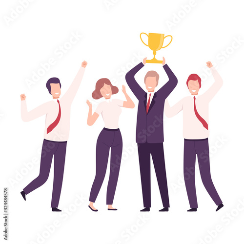 Business Team Celebrating Victory with Trophy Cup, Employees Characters Dressed in Business Suits Standing with Their Hands Up Flat Vector Illustration