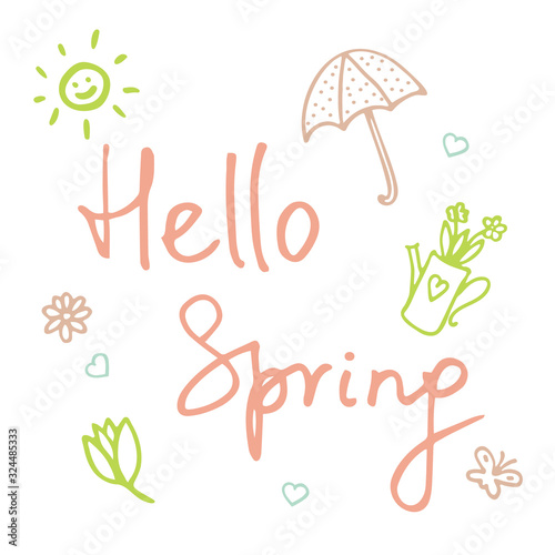 Marker hand drawn illustration. Cute doodle elemets for digital and print. Hand written text Hello spring.