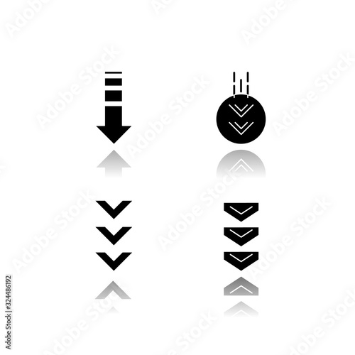 Down arrows drop shadow black glyph icons set. Double arrowhead in circle. Scrolldown buttons. Arrows interface navigation buttons. Website page cursor. Isolated vector illustrations on white space photo