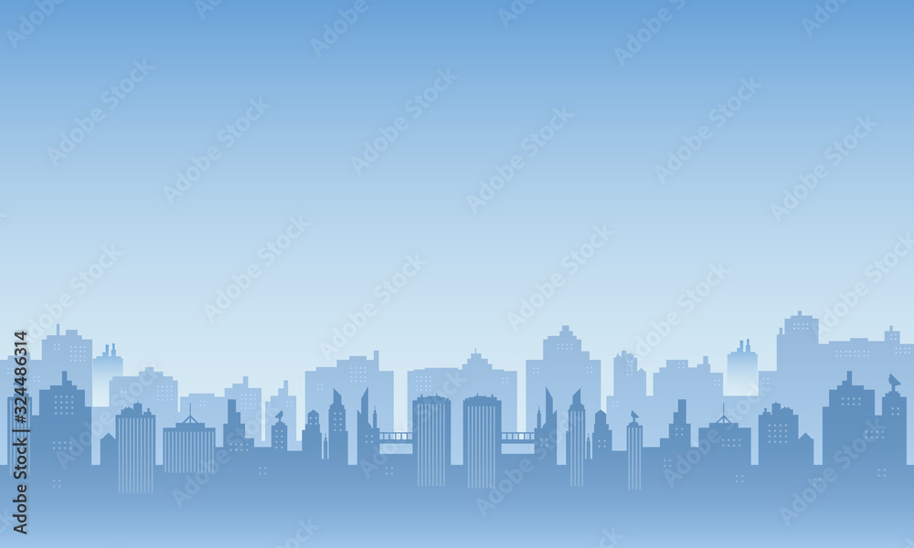 Fototapeta premium Silhouette of a city in the morning with a bright blue sky.