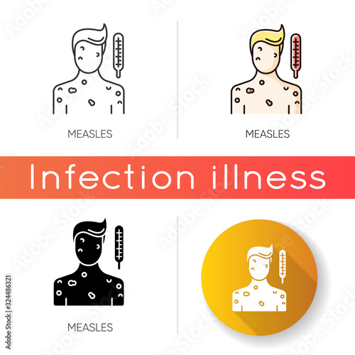 Measles icon. Linear black and RGB color styles. Pandemic viral infection, contagious rubella virus. Infected person with chickenpox symptoms, rash and fever isolated vector illustrations