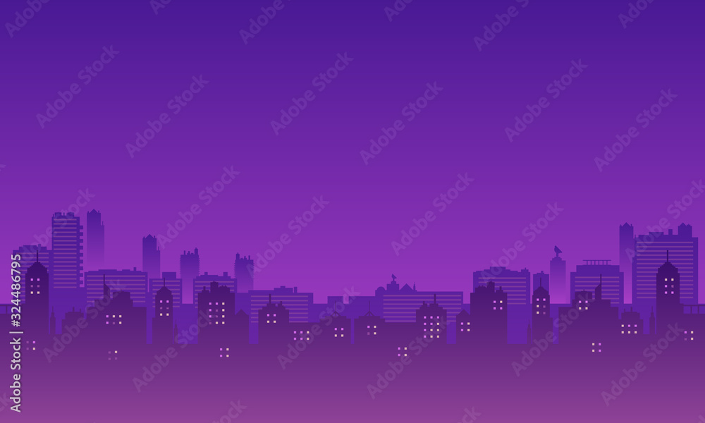 Fototapeta premium Silhouette of the city with purple sky gradient.