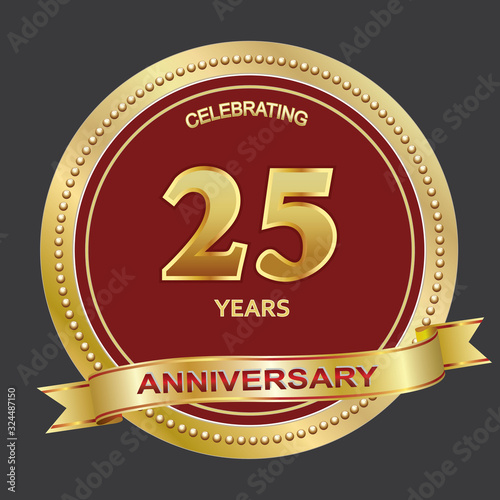 25th years anniversary, golden vector design background for celebration, invitation or greeting card, logotype template