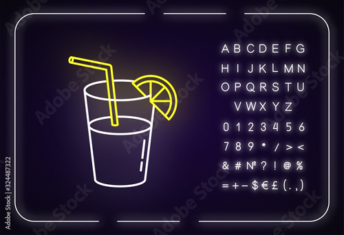Long drink, cocktail neon light icon. Outer glowing effect. Sign with alphabet, numbers and symbols. Alcohol beverage with straw and lemon slice vector isolated RGB color illustration