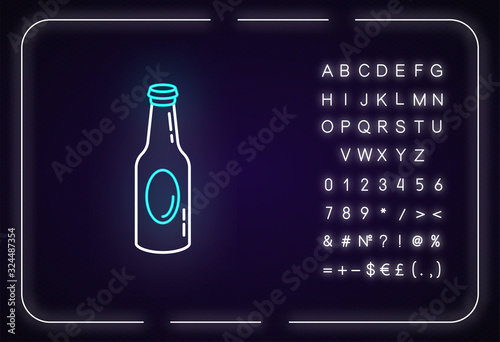 Beer bottle neon light icon. Outer glowing effect. Sign with alphabet, numbers and symbols. Drinking establishment, bar, night club pub, tavern. Alcohol beverage vector isolated RGB color illustration