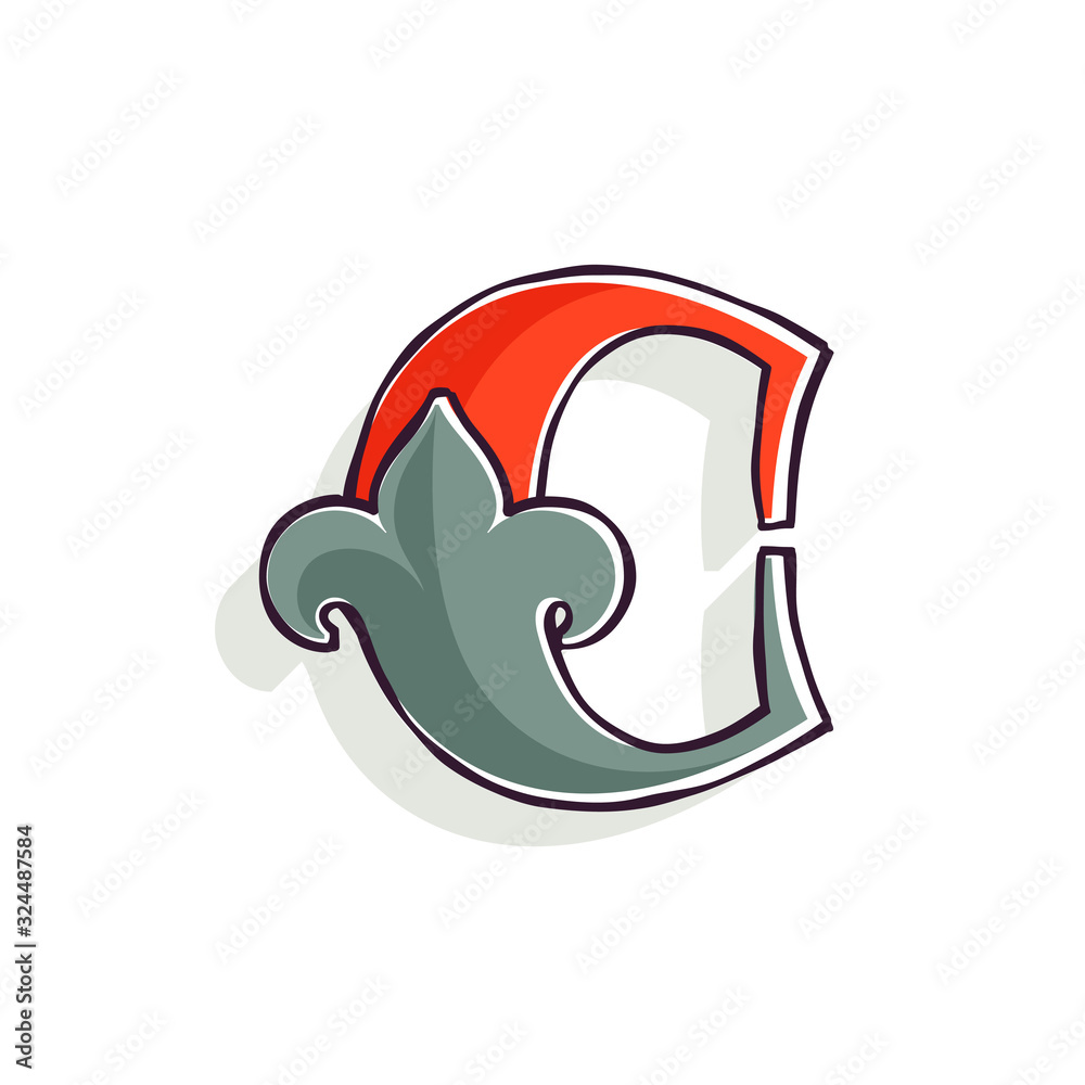 C letter logo with french lily and offset printing effect. C letter logo with french lily and offset printing effect.