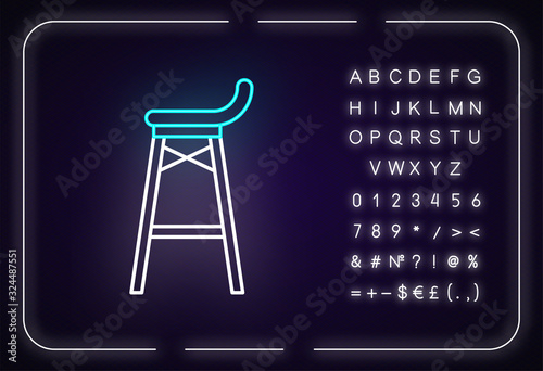 Bar stool neon light icon. Outer glowing effect. Sign with alphabet, numbers and symbols. Night club, drinking establishment, pub furniture. Tall chair vector isolated RGB color illustration