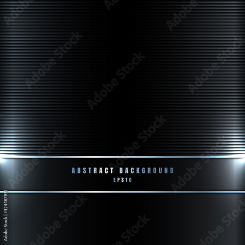 Abstract blue lines with lighting effect on black metallic background and texture.