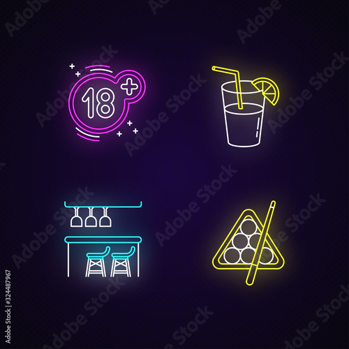 Adult recreation neon light icons set. Night club recreation signs with outer glowing effect. Eighteen plus number, cocktail, bar counter and billiards vector isolated RGB color illustrations