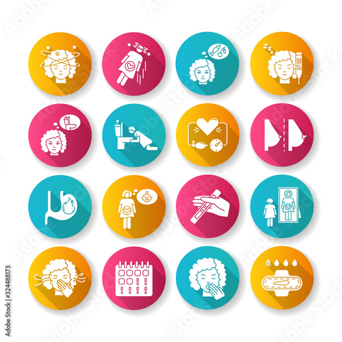 Early pregnancy symptom flat design long shadow glyph icons set. Family planning. Woman feeling expectant of baby. Missed period. Young mother. Healthcare. Silhouette RGB color illustration