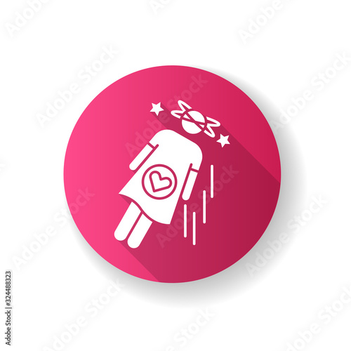 Fainting pink flat design long shadow glyph icon. Symptom of early pregnancy. Pregnant woman falling unconscious. Lady feeling dizzy. Hormonal imbalance. Silhouette RGB color illustration