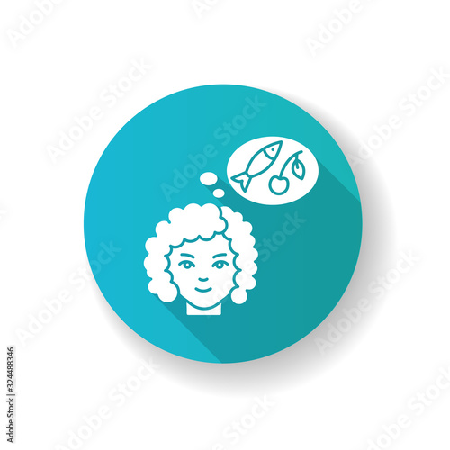 Food craving blue flat design long shadow glyph icon. Woman on healthy diet. Lady with appetite for fish and fruit. Thinking of meal. Early pregnancy symptom. Silhouette RGB color illustration