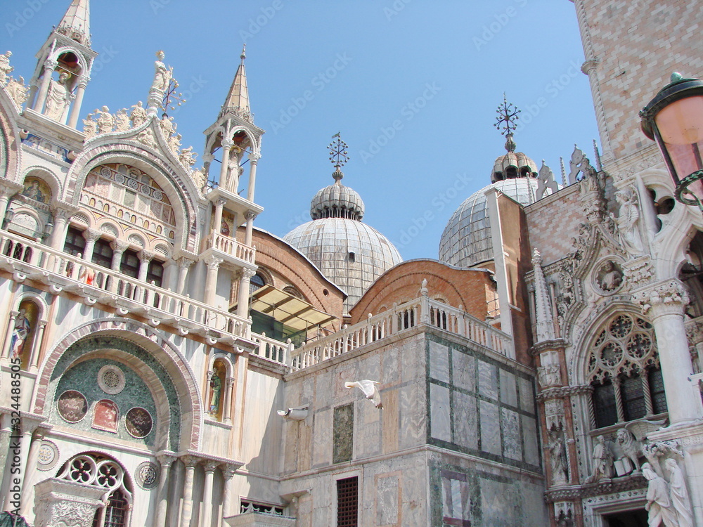 Bottom view of the architectural grandeur of the marvelous beauty of the Venetian Palace's sculptural compositions.