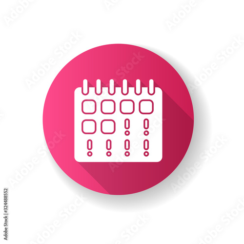 Missed period pink flat design long shadow glyph icon. Early symptom of pregnancy. Menstruation calendar. Ovulation and fertility. Regular monthly period. Silhouette RGB color illustration