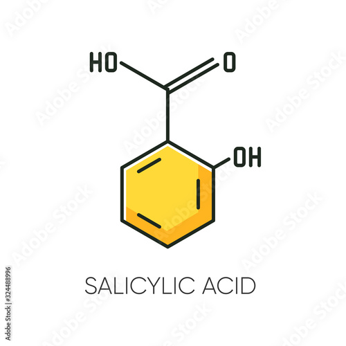 Salicylic acid RGB color icon. Chemical sequence. Molecular formula. Skincare component. Scientific research. Healthcare, cosmetology. Korean beauty. Cosmetic ingredient. Isolated vector illustration