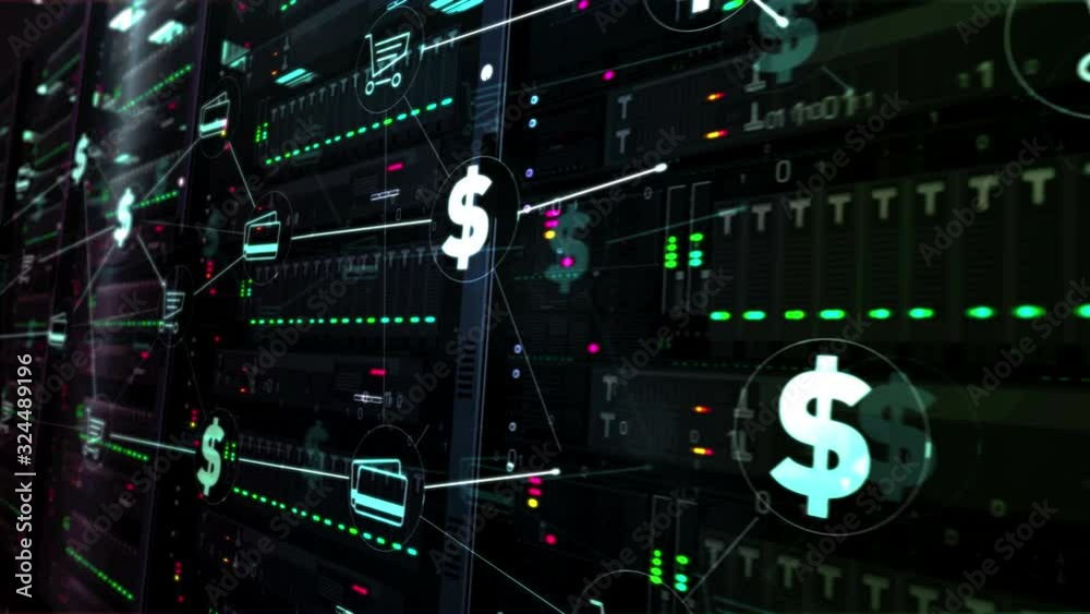 Futuristic datacenter with internet business, digital marketing, cyber shop, ecommerce and online shopping symbols. Modern servers room digital seamless loopable 3d rendering concept animation.