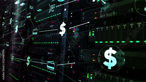 Futuristic datacenter with internet business, digital marketing, cyber shop, ecommerce and online shopping symbols. Modern servers room digital seamless loopable 3d rendering concept animation.