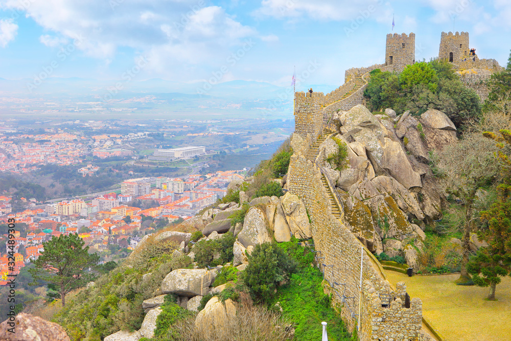 Lisbon, Portugal, the Castle of the Moors is a hilltop fortress located in the ancient Sintra