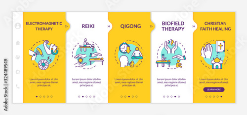 External energy medicine onboarding vector template. Alternative healing methods responsive mobile website with icons. Pseudoscientific practices. Webpage walkthrough step screens. RGB color concept