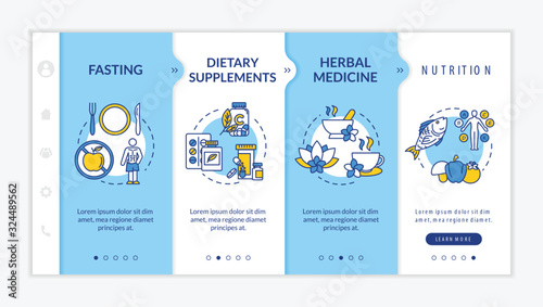 Healthy nutrition onboarding vector template. Balanced nutrition plan and dietary supplements responsive mobile website with icons. Webpage walkthrough step screens. RGB color concept