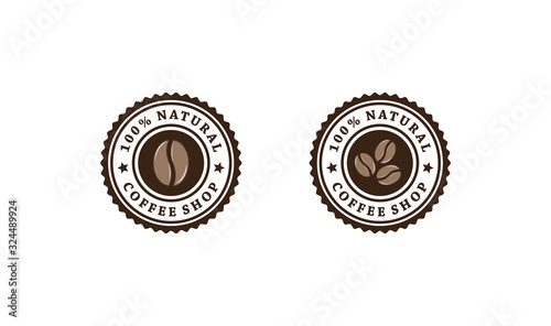 Set of colored coffee shop logos on a white background. Vector illustration of coffee bean and text. Illustration advertises the sale of coffee.