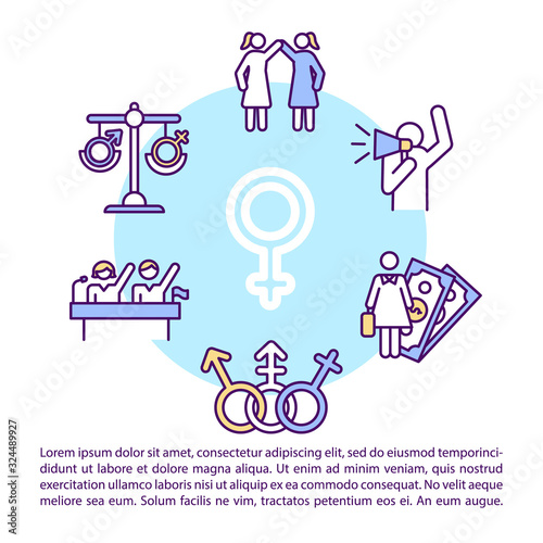 Employment gender equality concept icon with text. Women rights for education and equal pay PPT page vector template. Brochure, magazine, booklet design element with linear illustrations