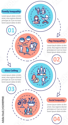 Gender inequality ans sexism vector infographic template. Women discrimination design elements. Data visualization with 4 steps. Process timeline chart. Workflow layout with linear icons
