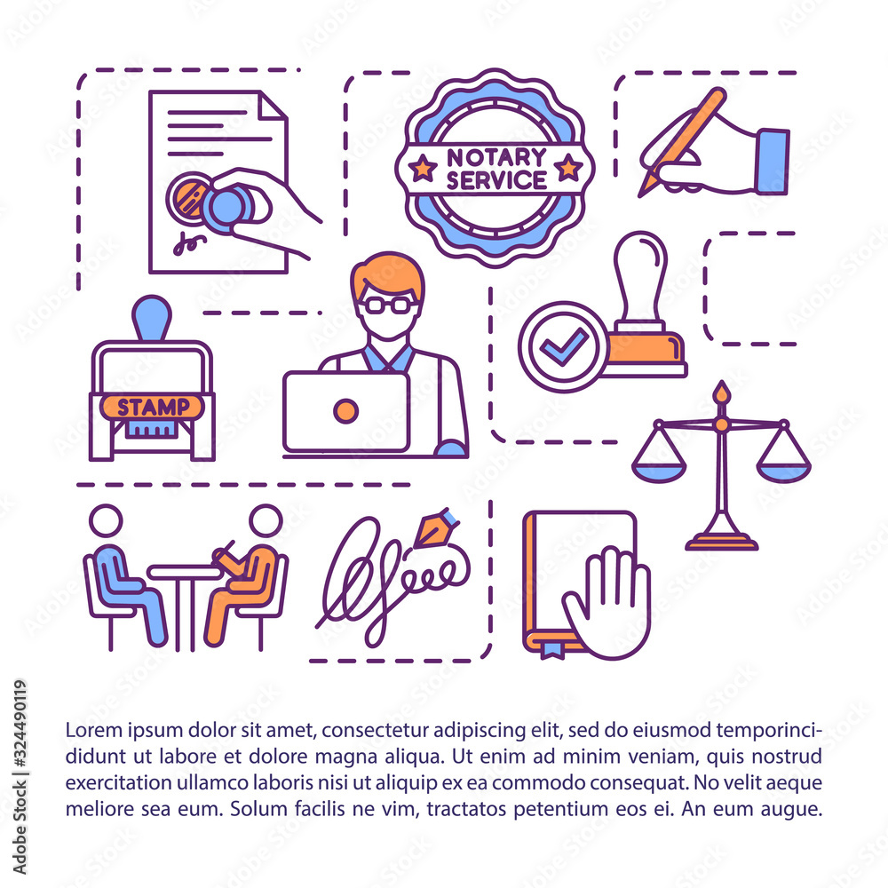 Notary services concept icon with text. Signature, stamp, seal. Oath administering. Validation. PPT page vector template. Brochure, magazine, booklet design element with linear illustrations Notary services concept icon with text. Signature, stamp, seal. Oath administering. Validation. PPT page vector template. Brochure, magazine, booklet design element with linear illustrations