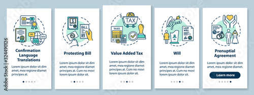 Notarization onboarding mobile app page screen with concepts. Prenuptial agreement, will. Protesting bill. Walkthrough five steps graphic instructions. UI vector template with RGB color illustrations