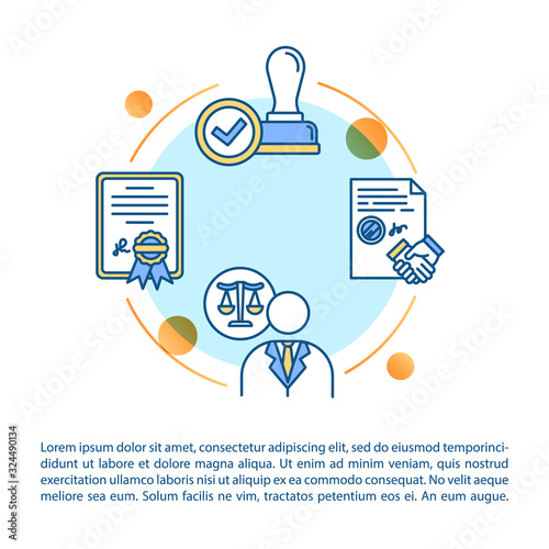 Notary public advice concept icon with text. Contract, agreement confirmation. Certification. PPT page vector template. Brochure, magazine, booklet design element with linear illustrations