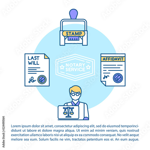 Law firm service concept icon with text. Legal consultation. Last will, testament. Affidavit. PPT page vector template. Brochure, magazine, booklet design element with linear illustrations