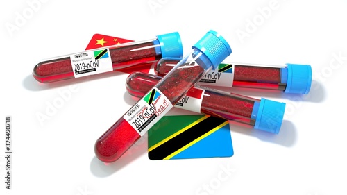 United Republic of Tanzania national flag 3D wuhan 2019-ncov virus bio test tube. 3D illustration
