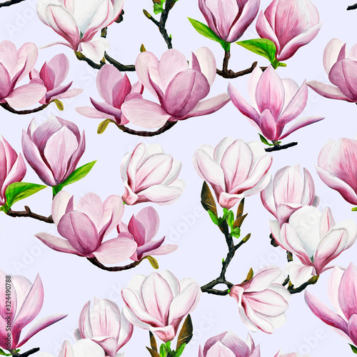 pattern. pink magnolia drawing. Hand-drawn magnolias in gouache. spring flowers on a branch. spring flowering gardens. design of cards, invitation. © Bulgakova Kristina