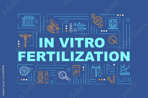 In vitro fertilization word concepts banner. Genetic engineering. Injection for fertility. Infographics with linear icons on blue background. Isolated typography. Vector outline RGB color illustration