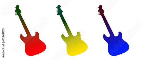 Illustration of three electric guitars of different colors