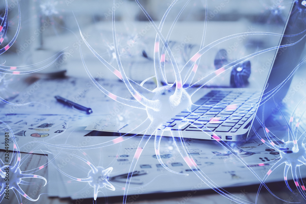 Desktop computer background and neuron drawing. Double exposure. Education concept. Desktop computer background and neuron drawing. Double exposure. Education concept.