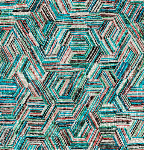 Printed seamless upholstery couch cover fabric pattern illustration. Modern worn striped hexagon teal graphic design. Textured textile grungy cotton cloth. Decorative repeat raster jpg swatch.