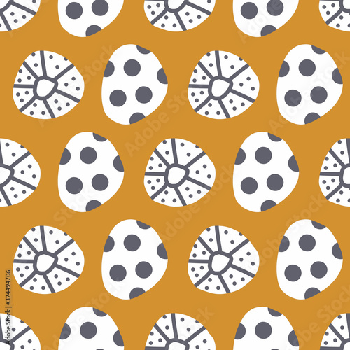 Abstract Polka Dots with dark blue and white texture on mustard orange background seamless vector pattern. Modern hand drawn repeating doodle shapes for textile, fabric print, decor, packaging, kids