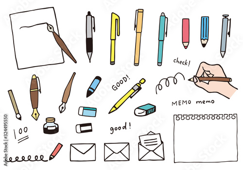 文房具（筆記具）の手描き風イラストのセット