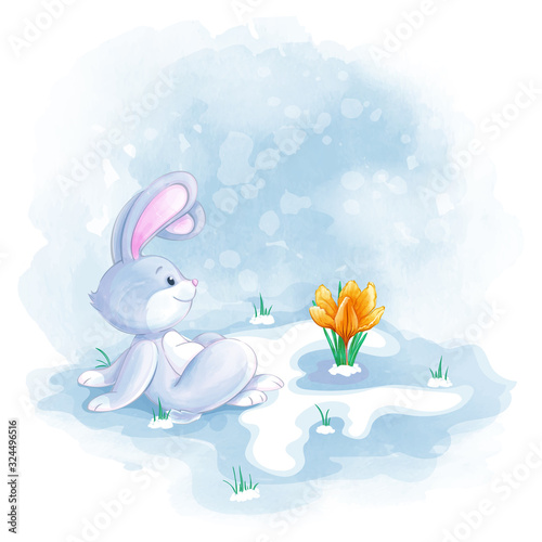 The little hare sits and looks at the blossomed spring flower. Vector cartoon watercolor character.