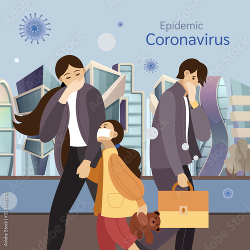 Group people with kid wearing protective face masks, protection against chinese virus coronavirus epidemic vector illustration. Coronavirus in China. New Wuhan coronavirus 2019-nCoV. 