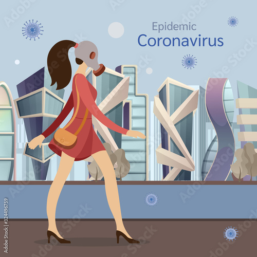  Young woman in gas mask, protection against chinese virus vector illustration. Coronavirus in China. New Wuhan coronavirus 2019-nCoV.