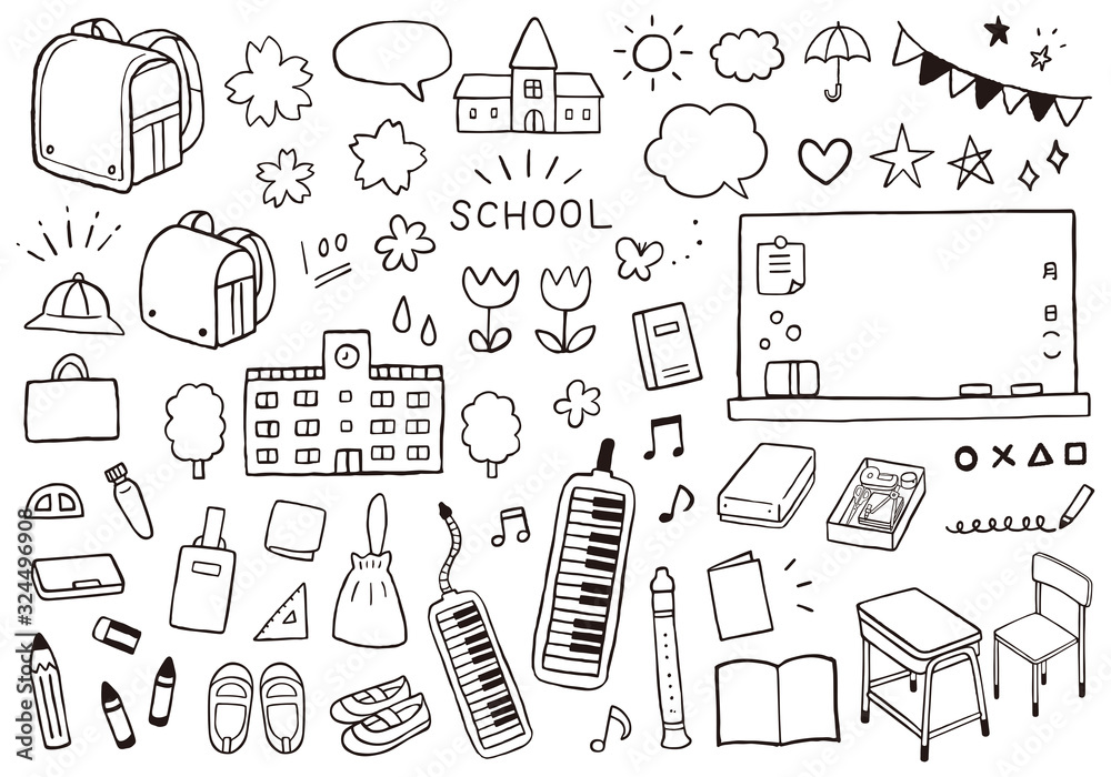 小学校にまつわる可愛い線画イラストセット Stock Vector Adobe Stock 小学校にまつわる可愛い線画イラストセット Stock Vector Adobe Stock