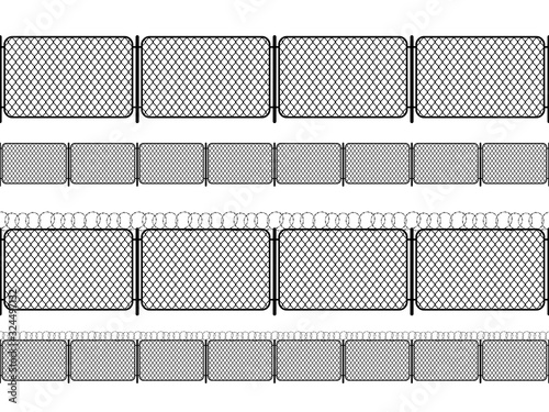 Set of chain link fence with barbed wire, black seamless silhouettes isolated on white