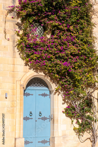 Blue door and purple flowers covering stone wall in Mdina Malta