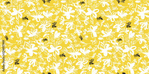 Fun and cute sketch summer floral seamless pattern for background, wrap, fabric, textile, wrap, surface, web and print design. Yellow bee and chamomile  repeatable motif