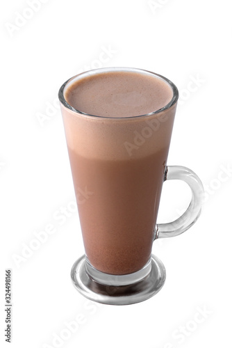 transparent glass with raf coffee made with espresso, frothed milk, cream, syrup and topping isolated on a white background, template for summer drink menu of cafe and restaurant